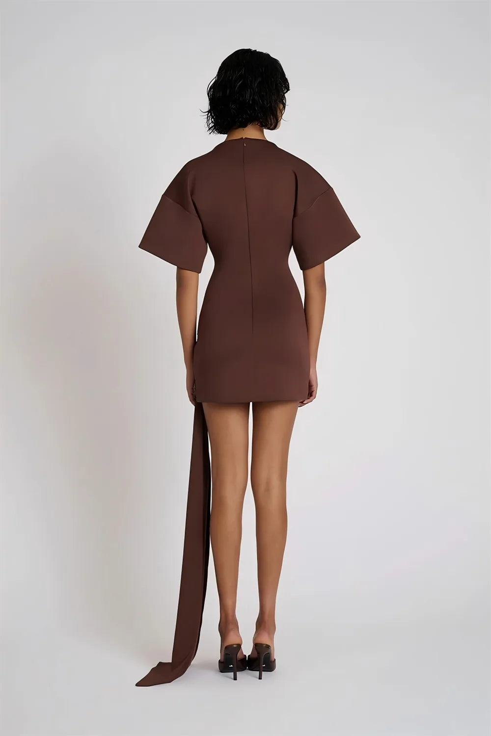 Apprabant Women Buckle Ruched Ribbon Mini Dress O-Neck Metal Short Sleeve Solid Color Silm Bodycon Short Dress Casual Partywear