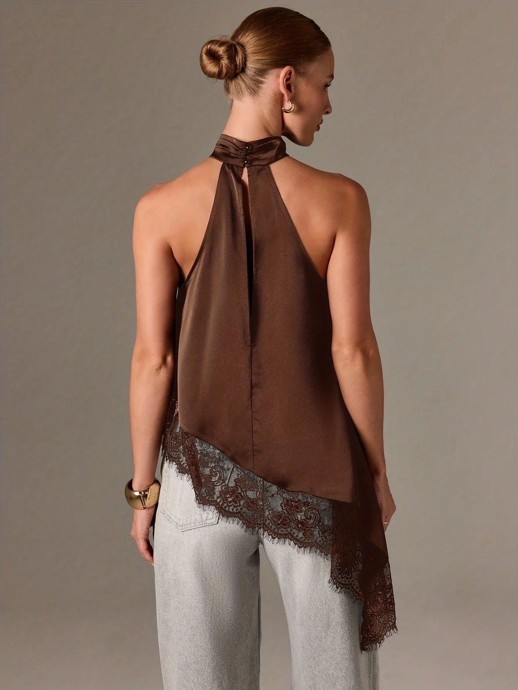Herbstmode Damen Asymmetrisches Hochgeschlossenes Rückenfreies Neckholder-Top