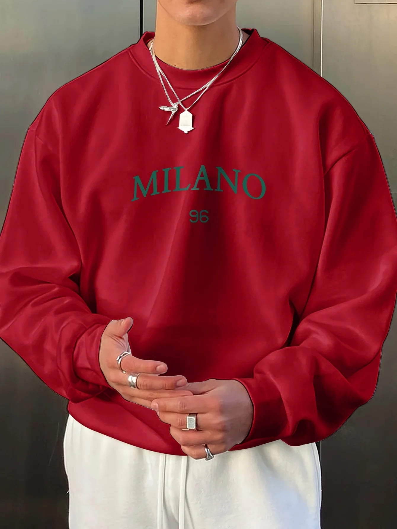 Men's autumn and winter fashionable casual loose MILANO 96 print fleece pullover long sleeved round neck sweatshirt