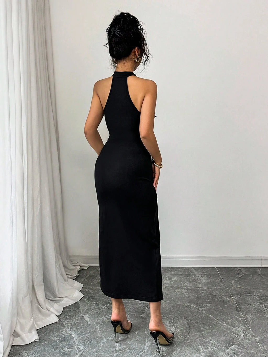 Midi-Kleid Frühling Sommer Damen Schwarzes Spitzenkleid mit Neckholder Ärmellos Geschlitzt Bodycon Sexy Party Club Cocktailkleid
