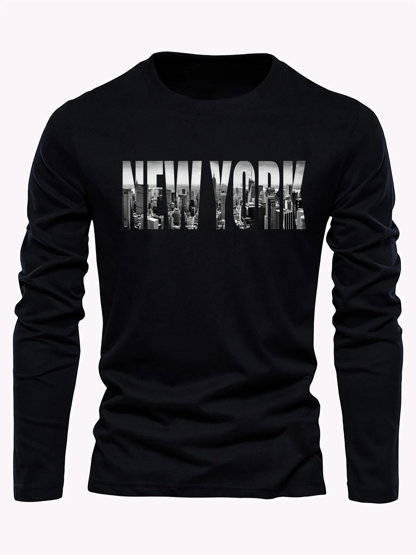 Men's 100% pure cotton loose fit plus size comfortable casual sports New York letter printed round neck long sleeved T-shirt top