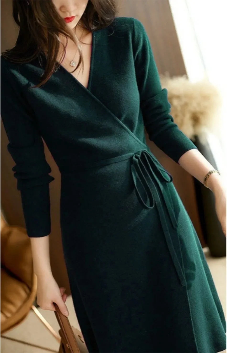 Herbst Winter Pullover Frauen Kleider V-ausschnitt Wrap Up Kleid für Frauen Frau Kleidung Koreanische Version Lose Elegante Gestrickte Rock