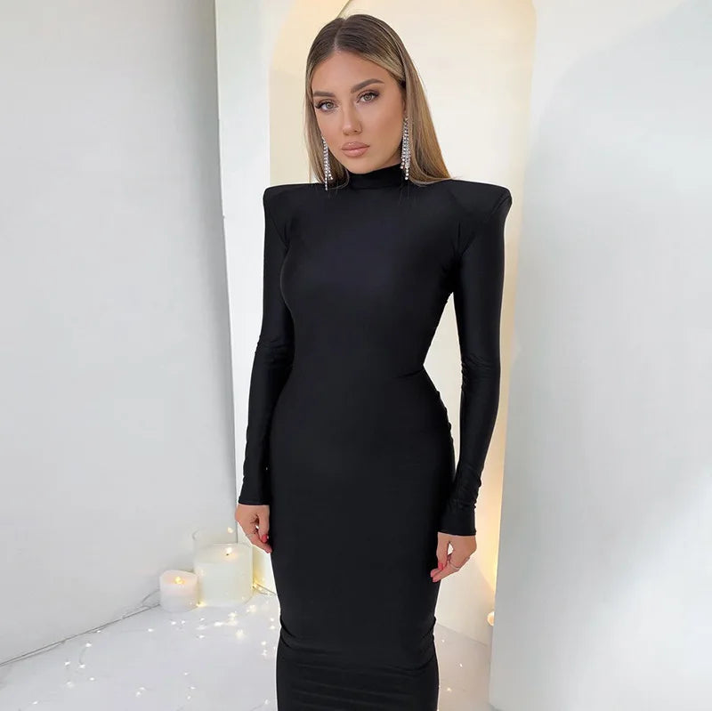 Schulter Gepolsterte Lange Hülse Bodycon Grün Party Club Maxi Lange Kleid 2024 Frühling Herbst Frauen Mode Elegante Kleidung