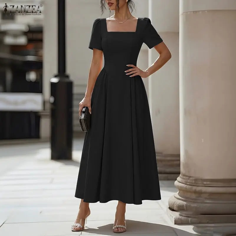 ZANZEA Damen-Maxikleid im französischen Stil, elegant, für den Sommer, quadratischer Ausschnitt, kurze Ärmel, geraffte Taille, A-Linien-Kleider, Urlaub, Tag-und-Nacht-Kleid