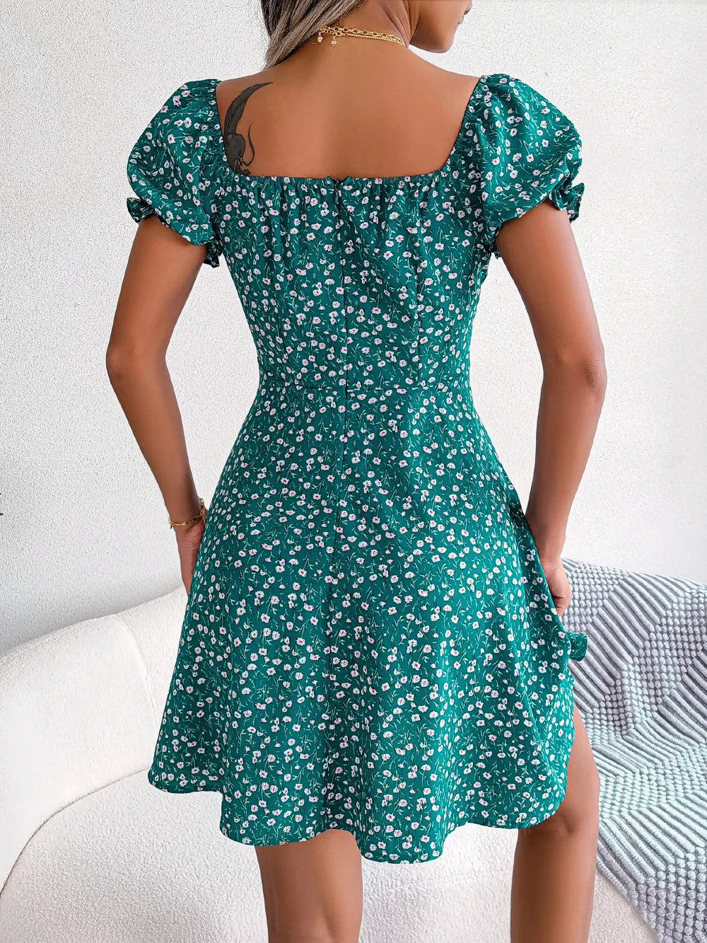 Sommer Blumendruck Kurzes Kleid Bufftrly Ärmel Retro Damenkleider Mode Lässig Square Neck Tunika Strandkleid Elegant Chic