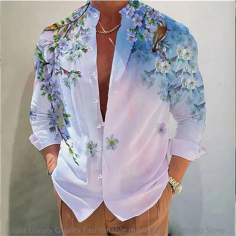 Neues Herren hemd Langarmhemd 3D-Druck Blumenmuster lang ärmel ige stehende Kleidung Mode lässig XS-6XL weichen Stoff