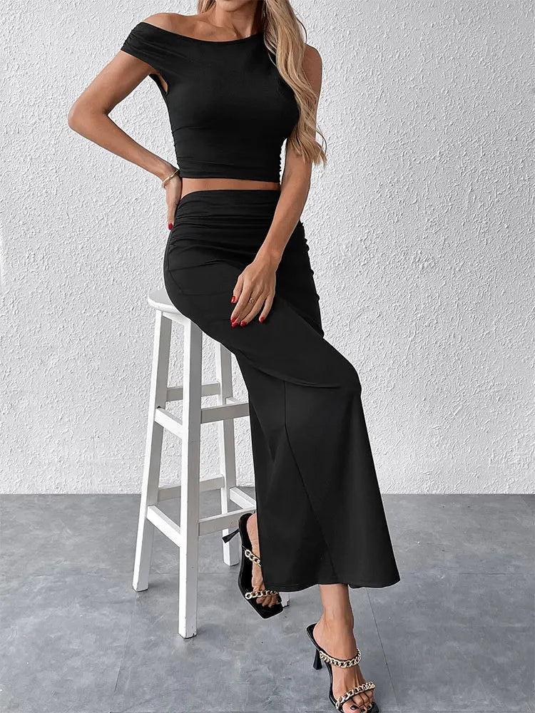 Frühling Damen Tank-Maxirock Neues Zweiteiliges Mode-Set Schwarzer Sexy Schlitz-Rock Lässige Schlanke Elegante Hochwertige Kleidung