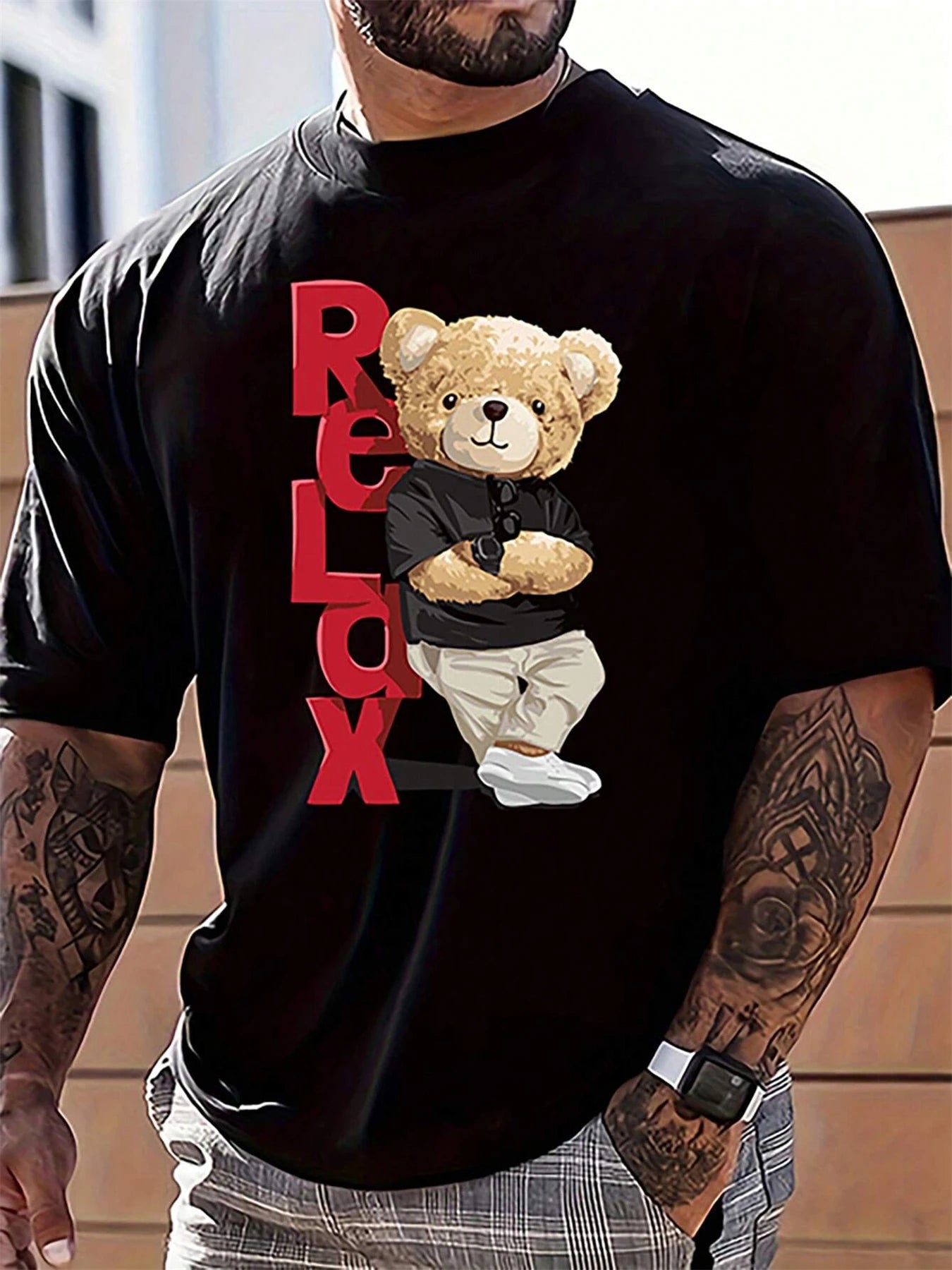 Men's Summer 100% Cotton Fashionable Casual Loose Large Size Letter Bear Printed Sports Round Neck Short Sleeve T-shirt Top