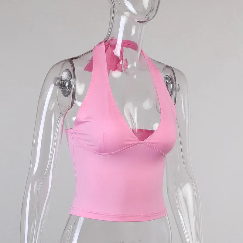 Sommer Halfter Leibchen Tank Top Frauen V-ausschnitt Sexy Tanks Camis Dünne Backless Rosa Korsett T Shirt Femme Tops WomanT-hemd