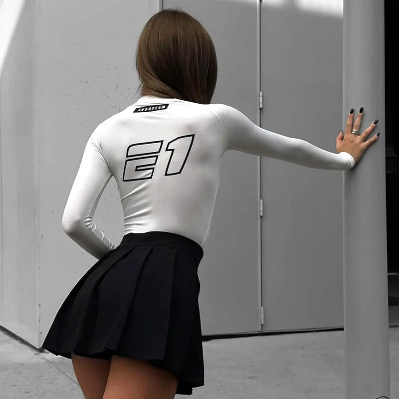 Oshfall European and American hot girls 2024 autumn new motorcycle style letter print round neck long sleeve slim women's tops