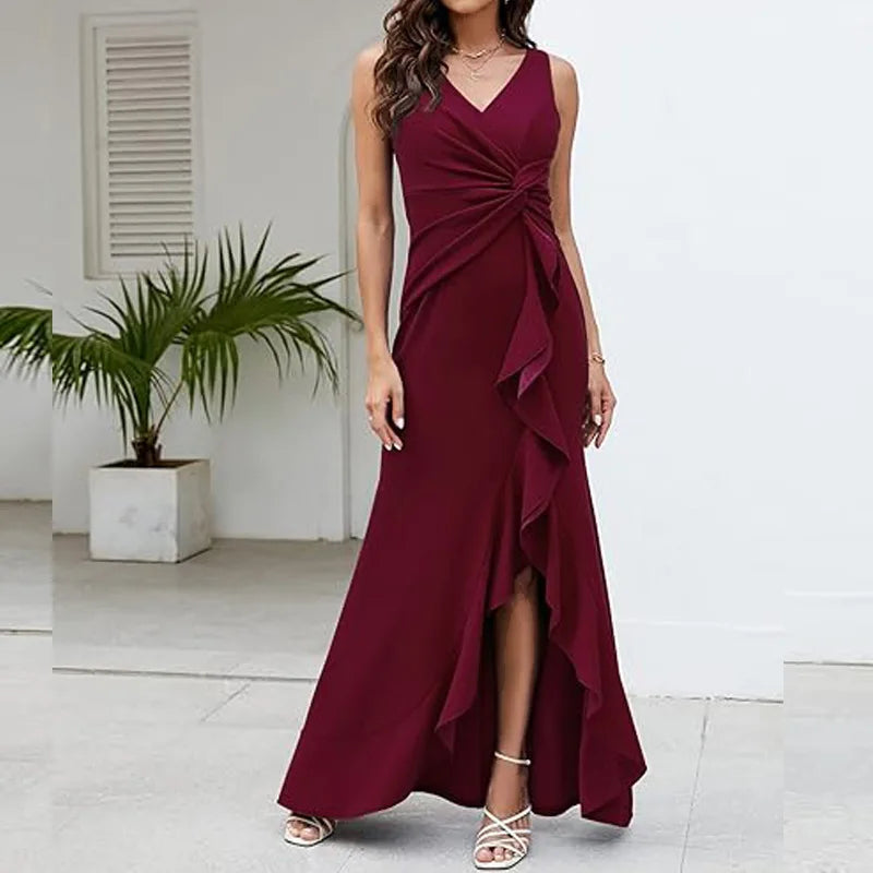 Sexy Schlitz, Rüschen, ärmellos, Abendkleider für Damen, modisch, V-Ausschnitt, schlank, plissiert, elegantes weibliches Maxi-langes Kleid 2025,