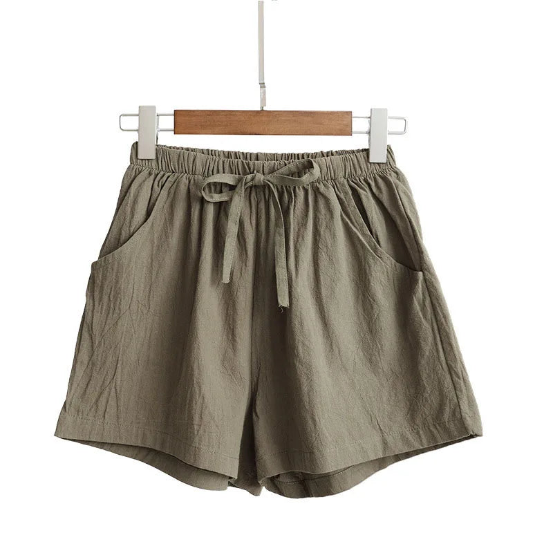 Damen Baumwoll-Leinen-Shorts 2026 – Neue Sommer High-Waist Freizeit-Sportshorts für Damen, einfarbig mit Taschen, lockere Strand-Shorts