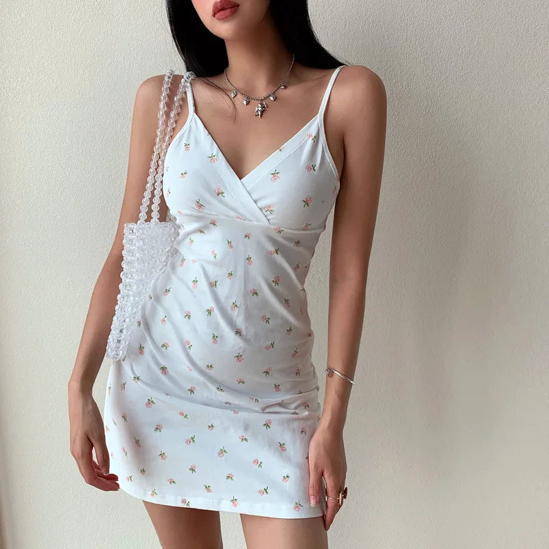 Vintage Floral Print Bodycon Mini Kleid Sommer Frauen V-ausschnitt Ärmellose Slip Mini Kleider CDPF-WYP-32