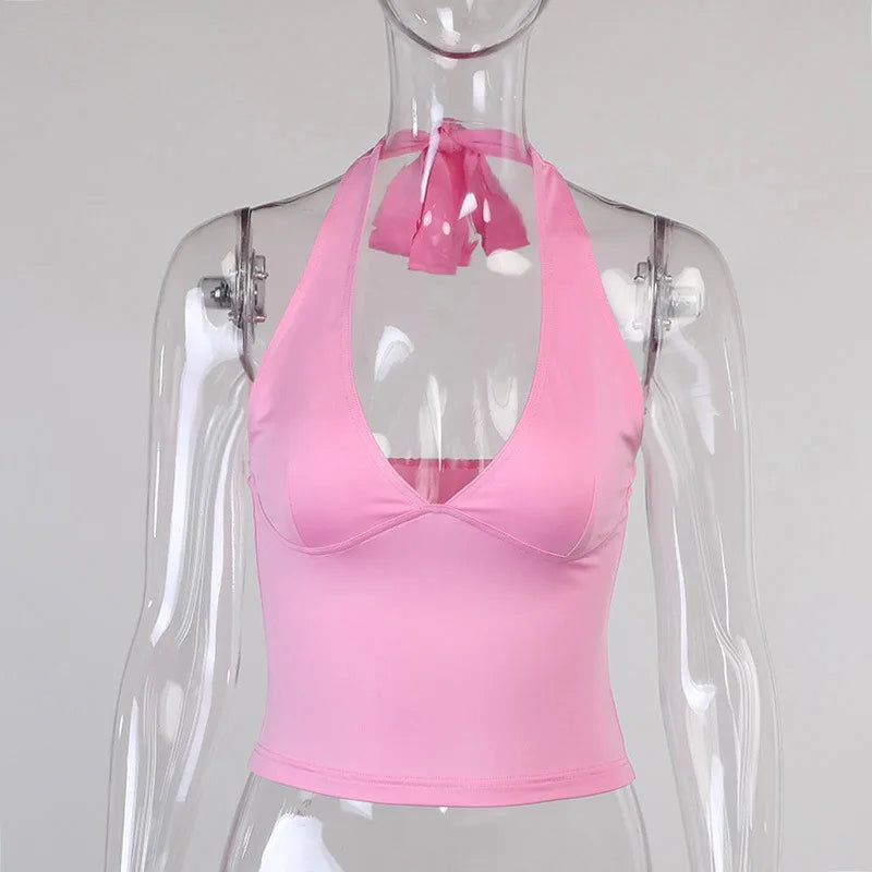 Sommer Halfter Leibchen Tank Top Frauen V-ausschnitt Sexy Tanks Camis Dünne Backless Rosa Korsett T Shirt Femme Tops WomanT-hemd