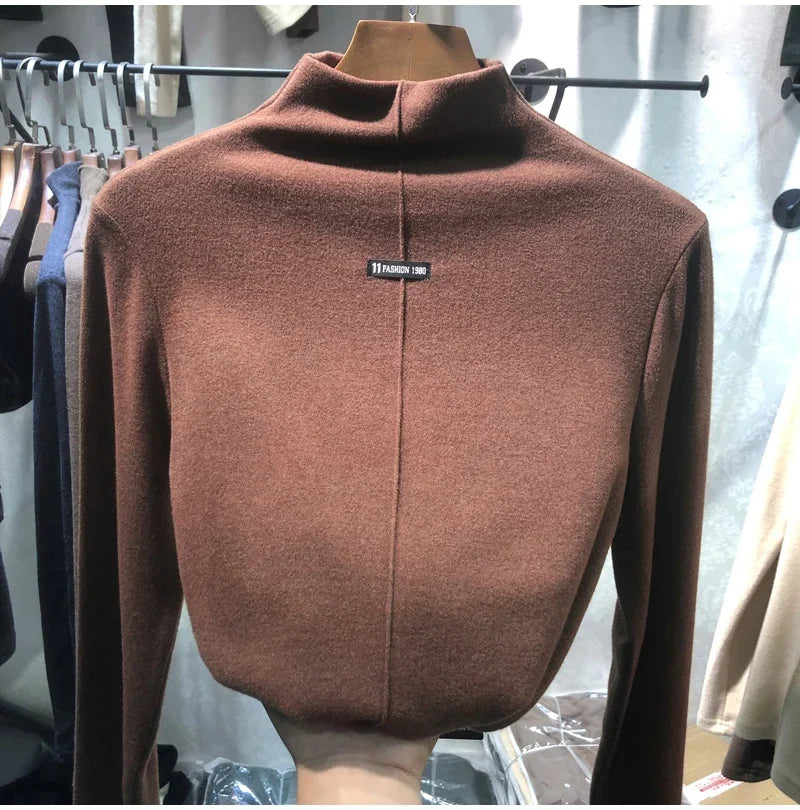 Harajuku half turtleneck Casual slim fleece Thick bottoming T-shirt autumn winter velvet Long Sleeve solid T Shirt Women y2k Top