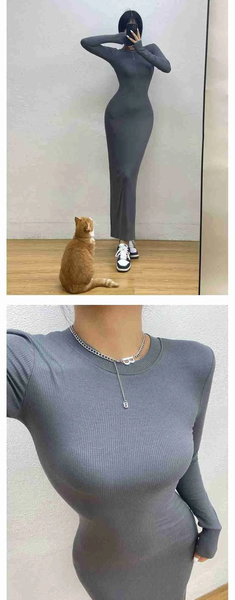 WOMENGAGA Einfache Maxi Langes Kleid Rundhals Langarm Enge Dünne Maxi Kleider Elegante Mode Koreanische Frauen Robe DEH8