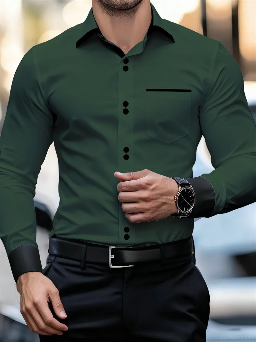 Herren-Business-Langarmhemd mit Farbblockkragen, schmale Passform, knitterfrei, schwarz-weißes Patchwork-Hemd, modisches Herrenoberteil
