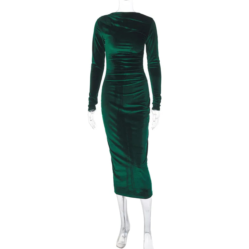 Dulzura 2024 Frühling Sommer Samt Langarm Midi Kleid Für Frauen Geraffte Lange Kleid Elegante Party Kleidung Abend Grün Outfits