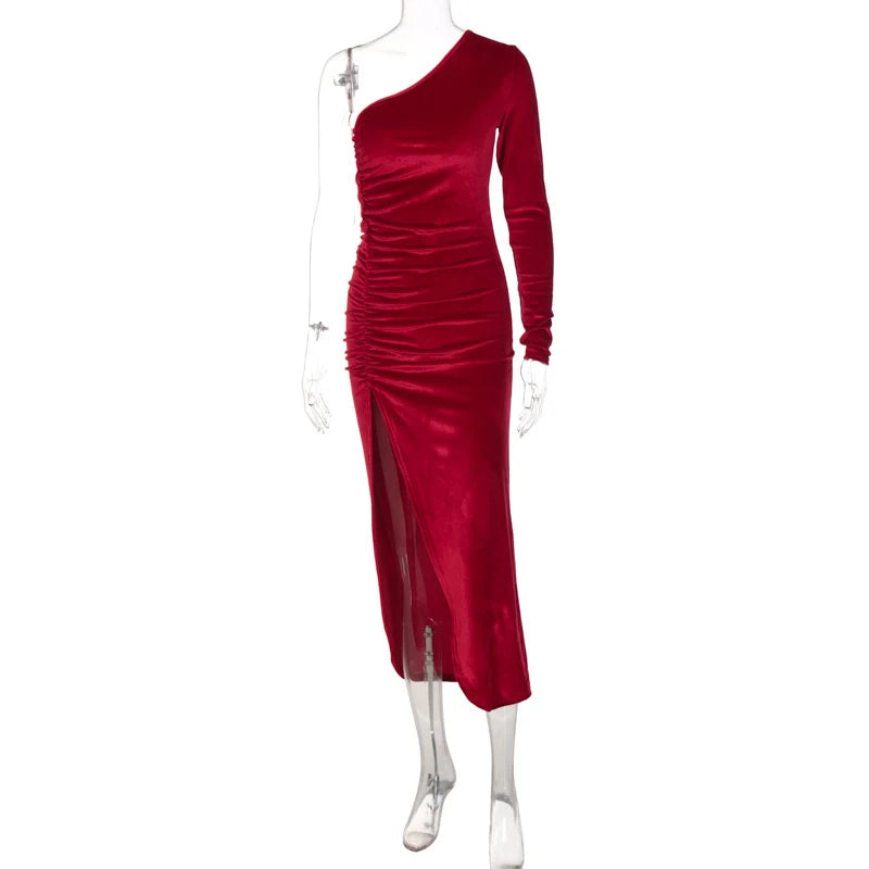 Frauen Elegante Langarm Party Abend Samt Bodycon Split Bleistift Midi Kleid Frühling Herbst Kleidung