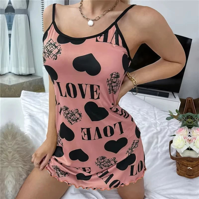 Sommer Neue frauen Nachthemd Schönheit Zurück Dünne Abschnitt Von Hause Tragen Sexy Halter Kurzen Rock Liebe Cartoon Nette Druck Pyjamas