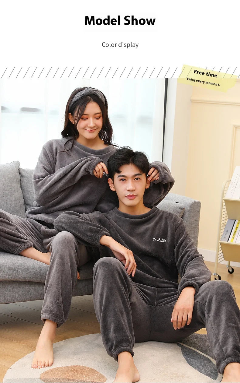 Verdickte Warme Männer Korallen Samt Pyjamas Herbst Winter Homewear Lange Ärmeln Lange Hosen Solide Weiche Nachtwäsche 2 Teile/satz Paar
