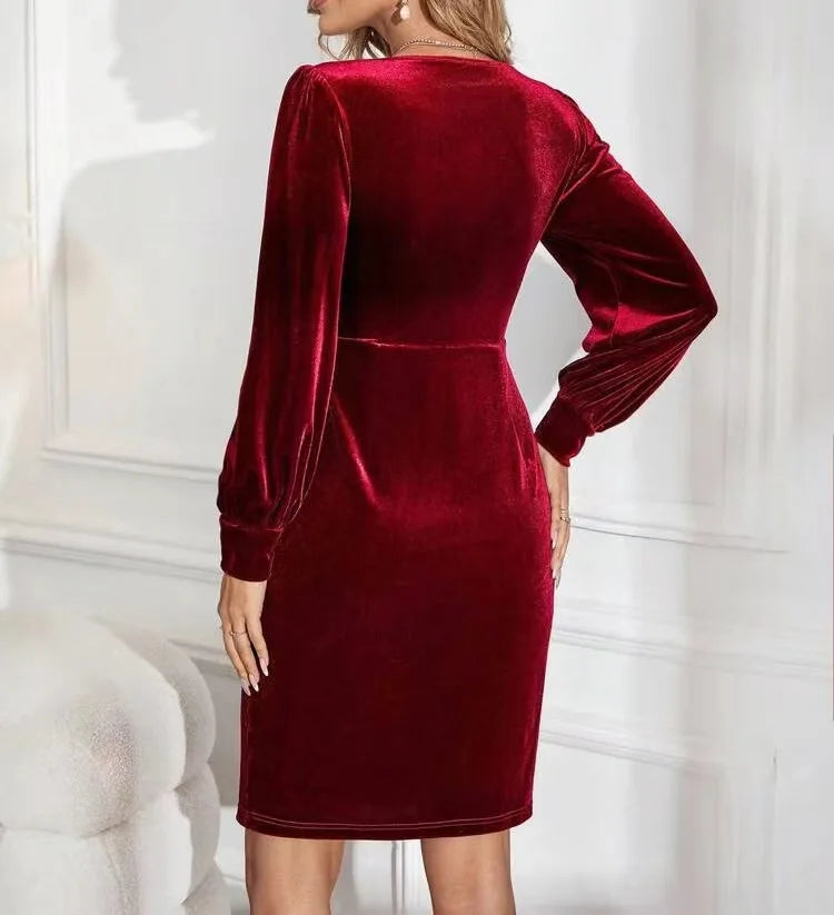 2025 Herbst/Winter Neue Stil Split Slim Fit Lamm Bein Ärmel Quadratischen Hals Elegante Velour Langarm Kleid