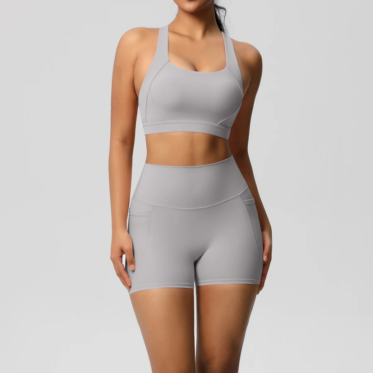 2PCS Sportswear Mit Taschen Yoga Set Gymnastik Kleidung Yoga Anzüge Für Frauen Trainingsanzüge Sport Shorts Crossover Bh Gym Leggings
