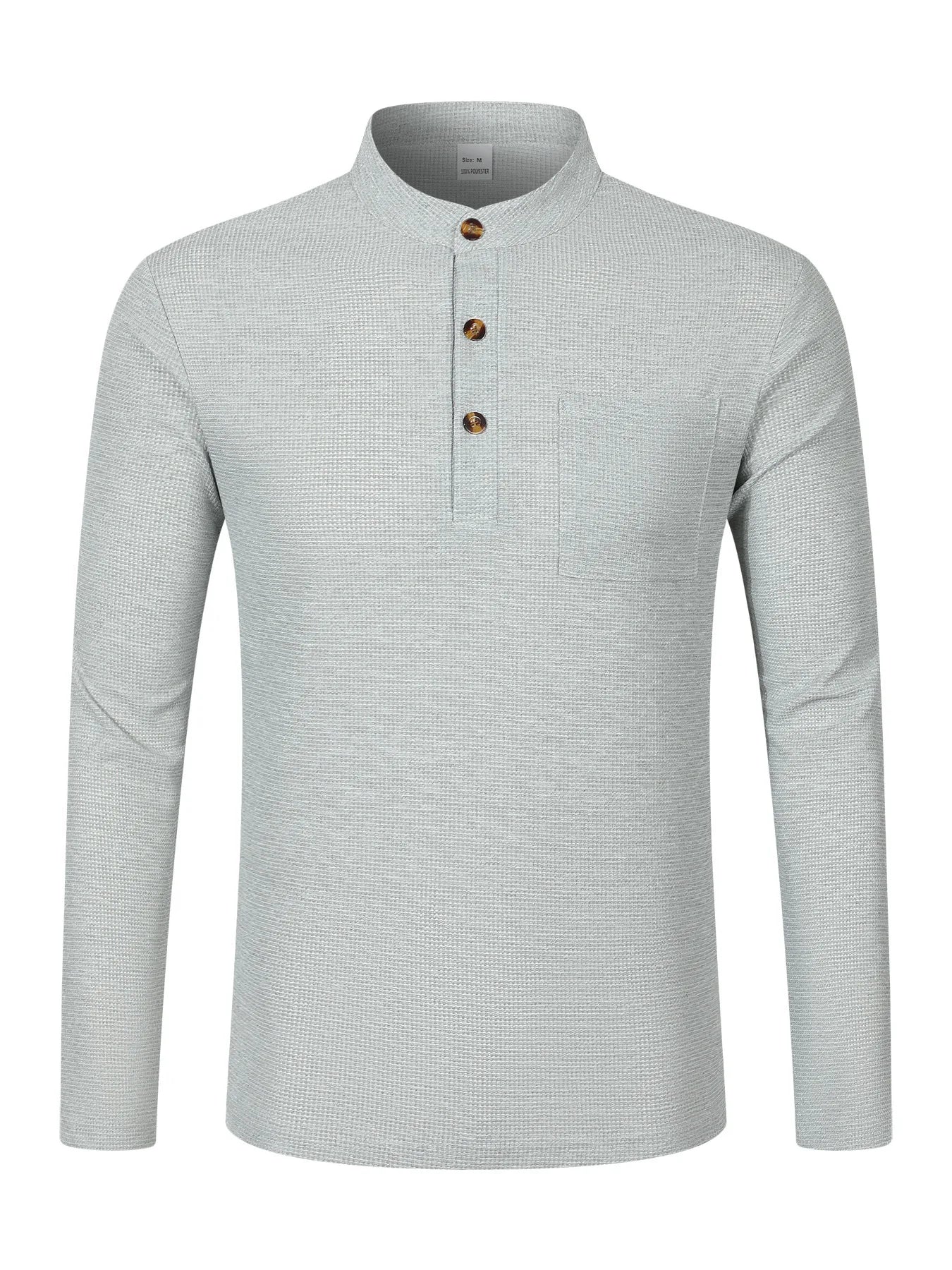 Men's casual waffle check long-sleeved shirt stand-up collar button semi-cardigan breathable and comfortable daily wear shirt