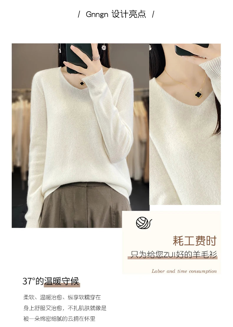 Frauen 100% Merinowolle Pullover V-Ausschnitt Basic Pullover Herbst Winter Kaschmir Kleidung Langarm weiche Strickwaren Tops einfarbig