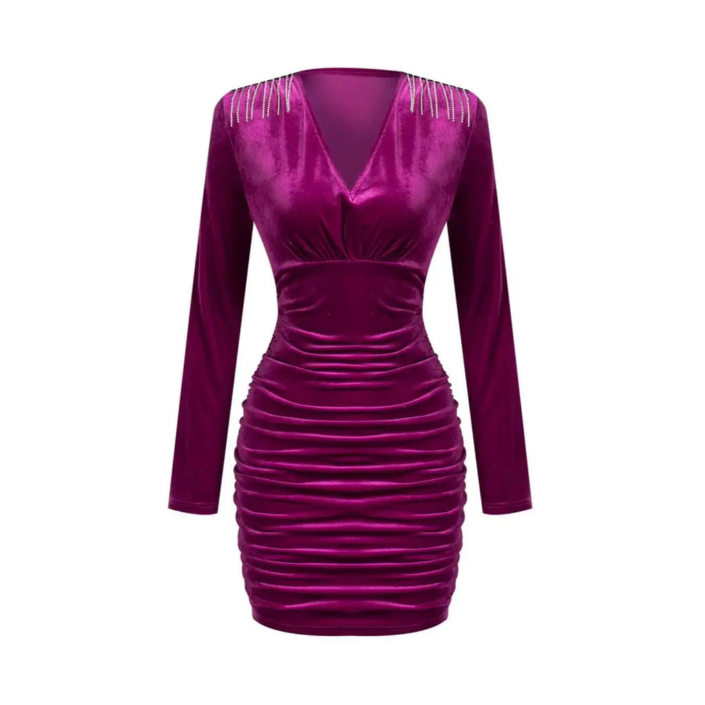 Damen Freizeitkleider Langarm V-Ausschnitt Burgunderroter Samt Bodycon Minikleid Elegantes Frühlings-Sexy-Abend-Cocktailkleid