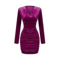 Damen Freizeitkleider Langarm V-Ausschnitt Burgunderroter Samt Bodycon Minikleid Elegantes Frühlings-Sexy-Abend-Cocktailkleid