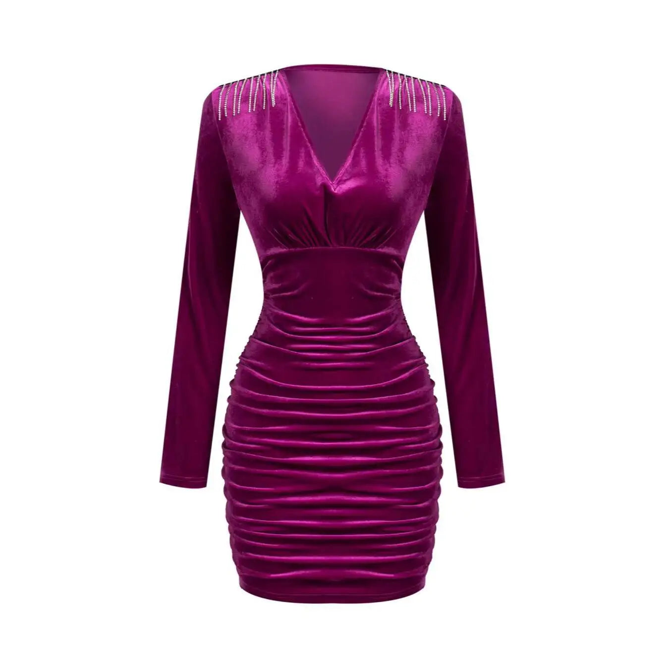 Damen Freizeitkleider Langarm V-Ausschnitt Burgunderroter Samt Bodycon Minikleid Elegantes Frühlings-Sexy-Abend-Cocktailkleid