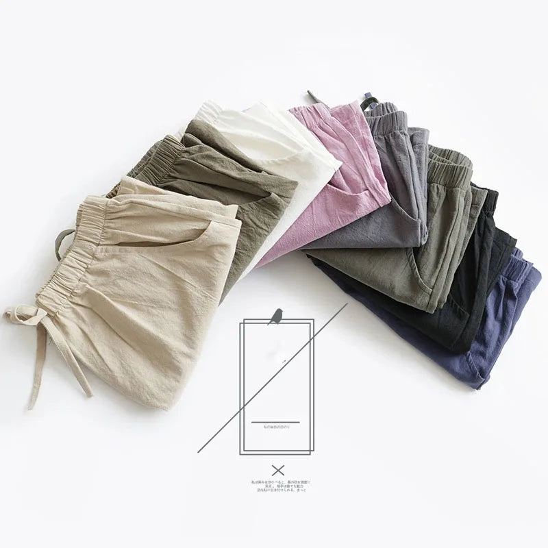 Damen Baumwoll-Leinen-Shorts 2026 – Neue Sommer High-Waist Freizeit-Sportshorts für Damen, einfarbig mit Taschen, lockere Strand-Shorts