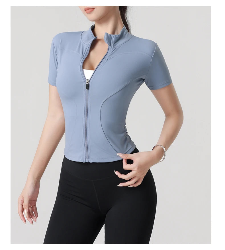 Woman yoga Jacket High Elastic Yoga Short Sleeve Coat Stand Collar Tight Sports Coat Naked Fitness Short Sleeve Female