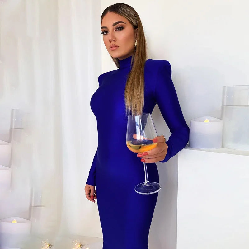 Schulter Gepolsterte Lange Hülse Bodycon Grün Party Club Maxi Lange Kleid 2024 Frühling Herbst Frauen Mode Elegante Kleidung