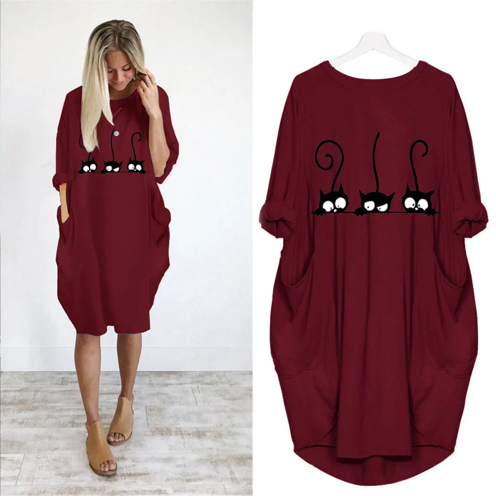 Frauen Lose Lange Ärmeln Sommer Plus Größe Kleid Herbst Winter Casual Rundhals Einfarbig Langarm Tasche Lose Pullove