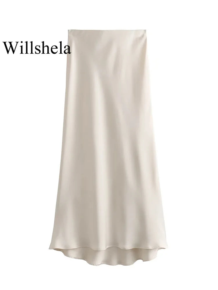 Willshela 2024 Schwarz Satin Rock Frau Hohe Taille Elegante Lange Röcke Für Frauen Mode Sommer Midi Rock Büro frauen Röcke