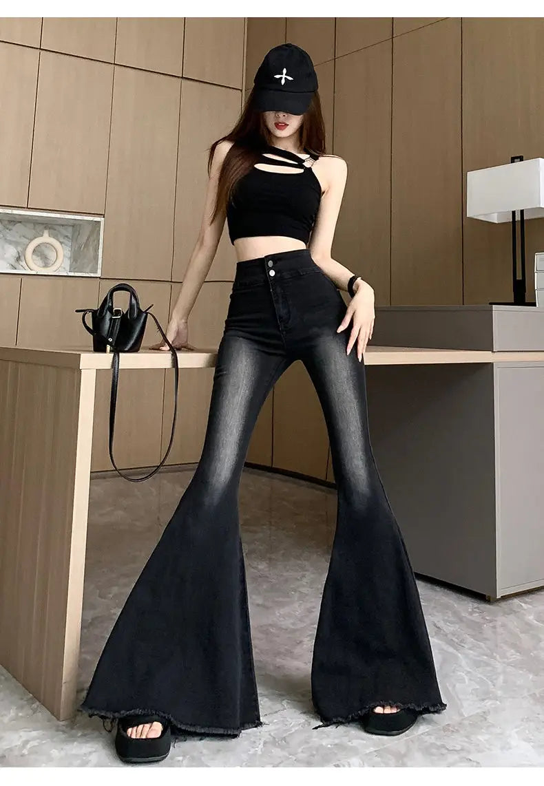 Jeans Frauen Herbst Chic Täglichen Flare Hosen Farbverlauf High Street Volle Länge Mode Alle-spiel Temperament Einfache Shinny