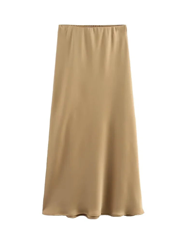 Willshela 2024 Schwarz Satin Rock Frau Hohe Taille Elegante Lange Röcke Für Frauen Mode Sommer Midi Rock Büro frauen Röcke