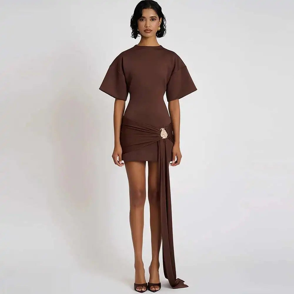 Apprabant Women Buckle Ruched Ribbon Mini Dress O-Neck Metal Short Sleeve Solid Color Silm Bodycon Short Dress Casual Partywear