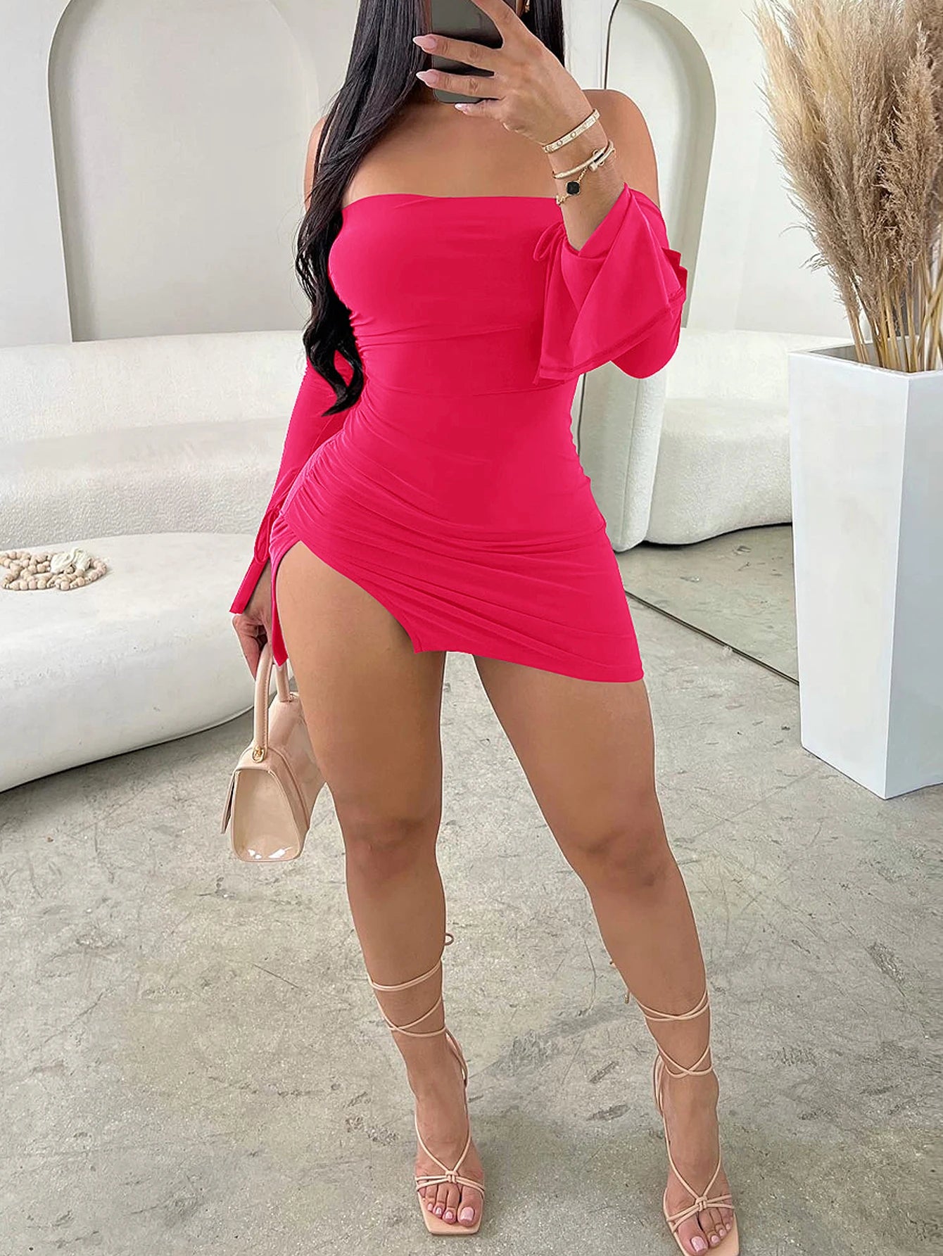 Frauen Trägerloses Rückenfreies Minikleid Für Frauen Schwarz Off-schulter Langarm Bodycon Club Party Kleid Kleidung
