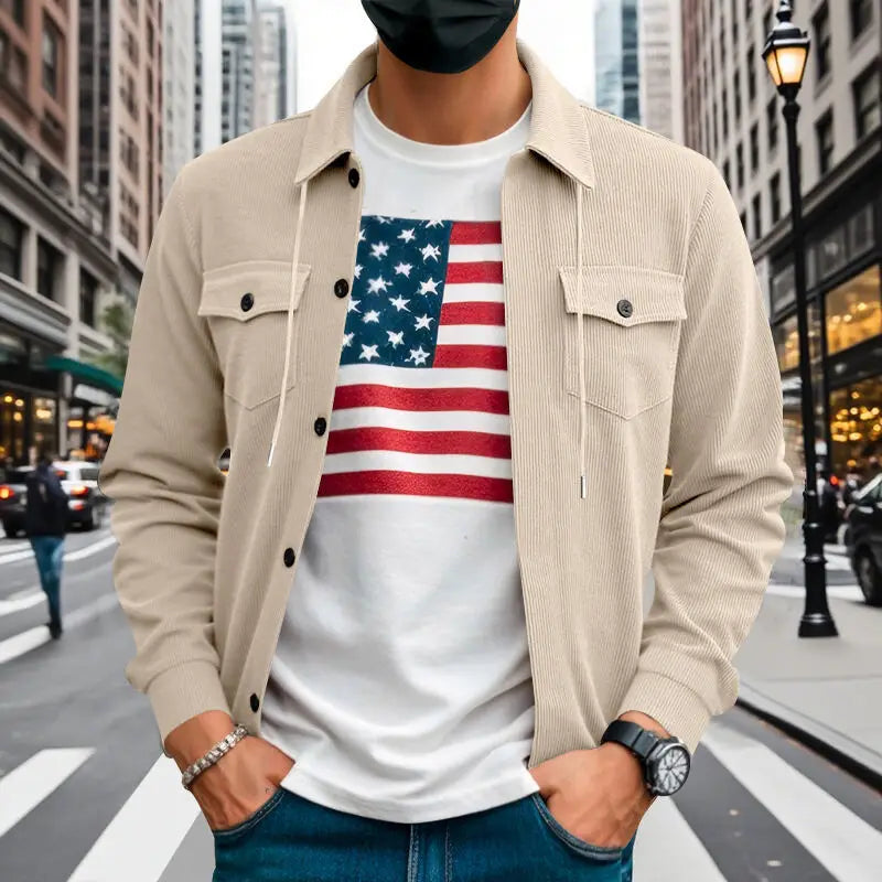Amerikanische schwere Cord-Herrenjacke, einfache und vielseitige Langarmjacke mit Stehkragen und mehreren Taschen