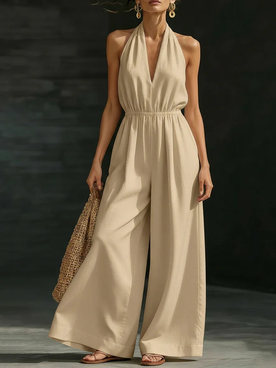 Damen 2026 Neuer V-Ausschnitt Neckholder-Jumpsuit – Designer-Overall im französischen Stil mit weitem Bein, schicker Büro-Casual-Einteiler