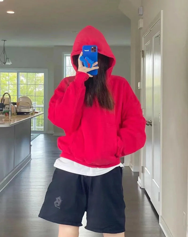 Autumn Winter High Street Oversized Kanye West Hoodie Men Women 1:1 Solid Color Black Brown Red Blue Pullover Streetwear Hooded