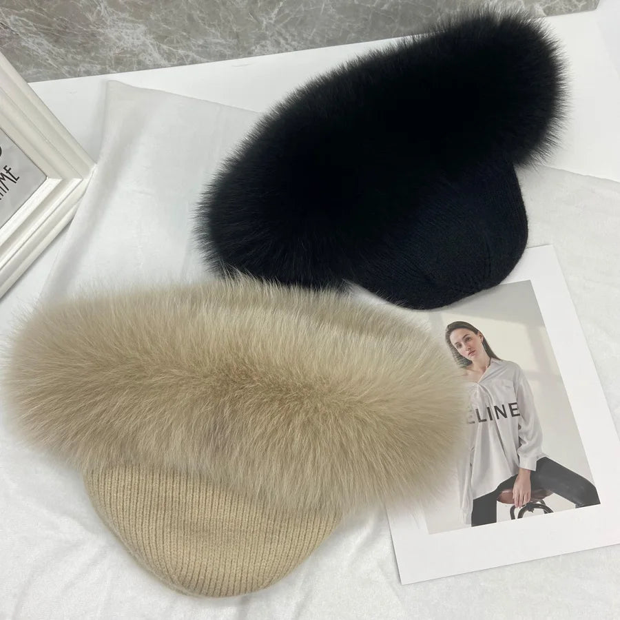 New Stylish Beanie Hats for Women Winter Warm Fluffy Bone Cap Soft Outdoor Thick Natural Fox Fur Hat Female Dome Hats