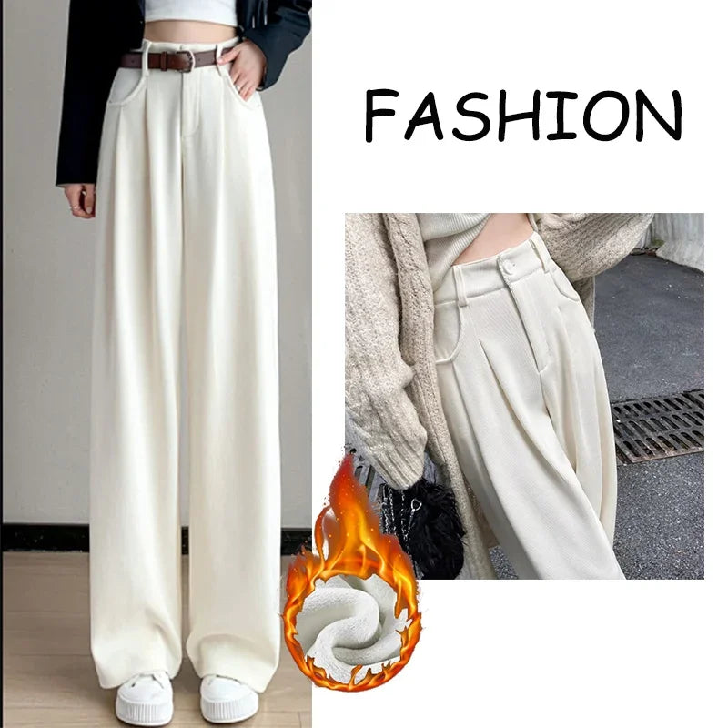 Heißer Verkauf Winter Dame Schnee Warme Hosen Mädchen Klassische Fleece Hohe Taille Hose Frauen Gerade Bein Plüsch Thermische Casual Hosen