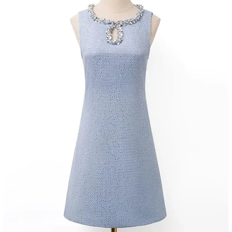 BESTBAFU Luxus Pailletten Kleine Duft Tweed Weste Kleid Frauen Herbst Winter Elegante Ärmellose Woolen A-Line Party Kleider 625P