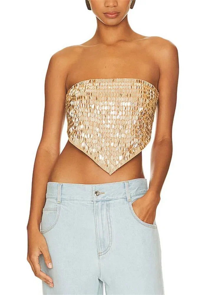 Sommer Sexy Pailletten Weste Top Weibliche Backless Strand Urlaub Kleidung Gestellte Y2k Rohr Tops Patchwork Shiny frauen Tank Top