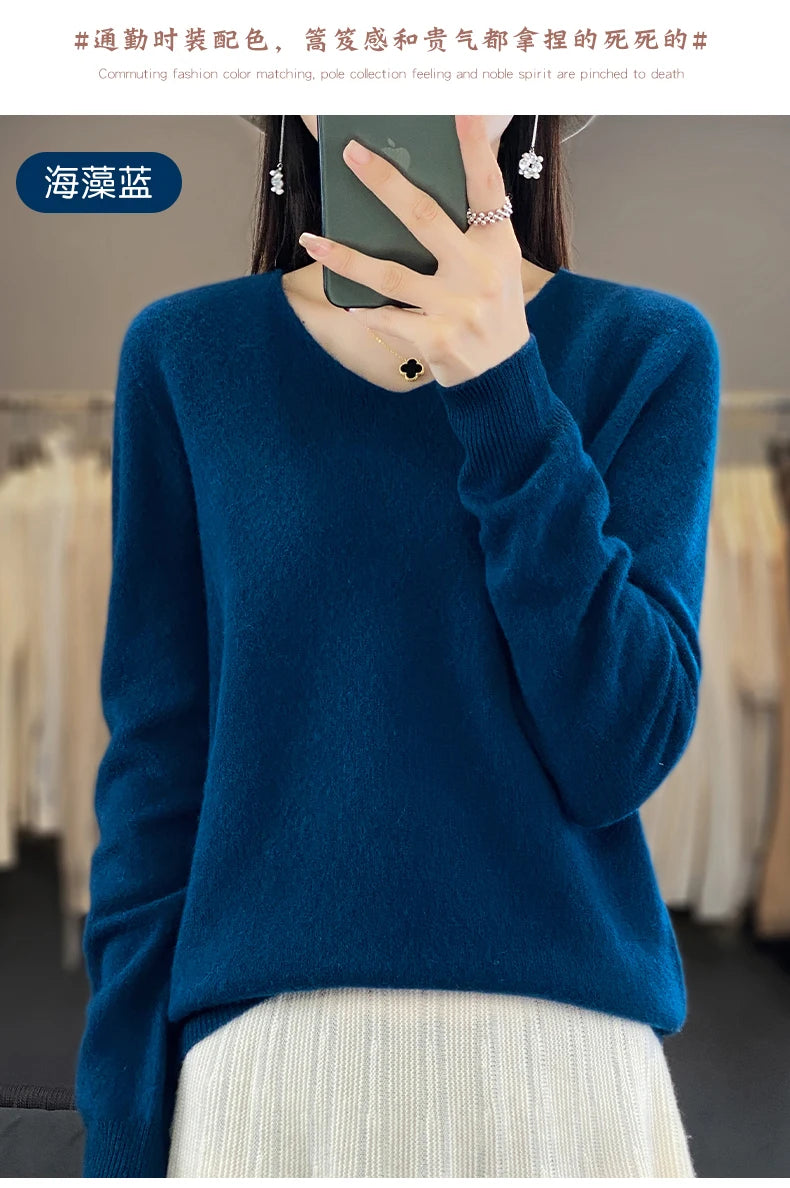 Frauen 100% Merinowolle Pullover V-Ausschnitt Basic Pullover Herbst Winter Kaschmir Kleidung Langarm weiche Strickwaren Tops einfarbig