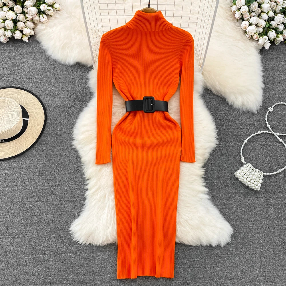 REALEFT Herbst Winter 2025, neue Rollkragen frauen Gestrickte Kleider mit Gürtel Langarm Elegante Bodycon Wrap Kleid Weibliche